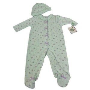 LITTLE Me Footies with hat light green floral full snaps size  6 Months